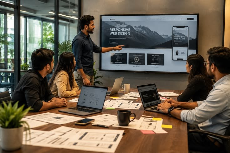 Professional website designing services team working on a business website