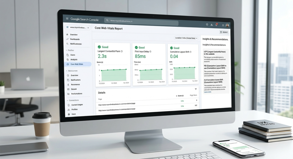 Core Web Vitals report showing website speed and performance metrics