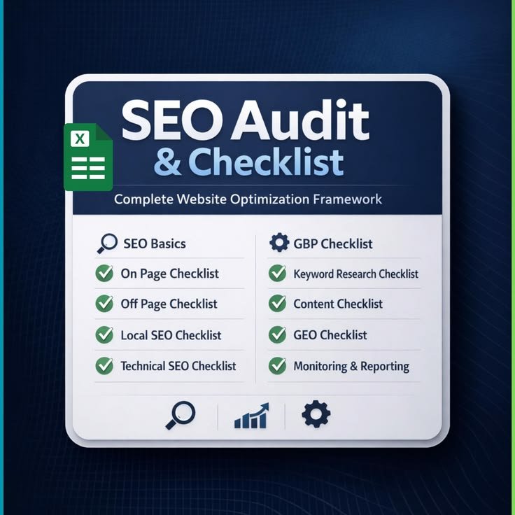 SEO audit checklist covering site speed, mobile usability, indexing, and backlinks